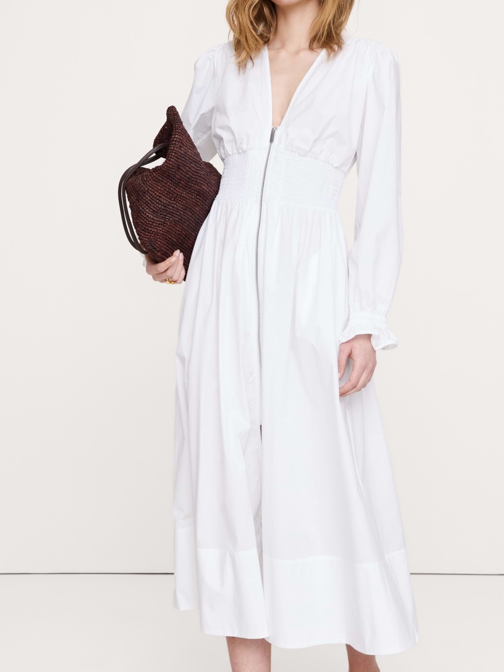 White Long Sleeve Zip-Front Midi Dress